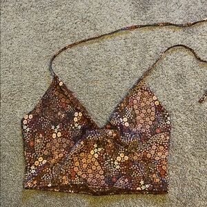 Garage Brown and Gold Sequin Tie Front Camisole